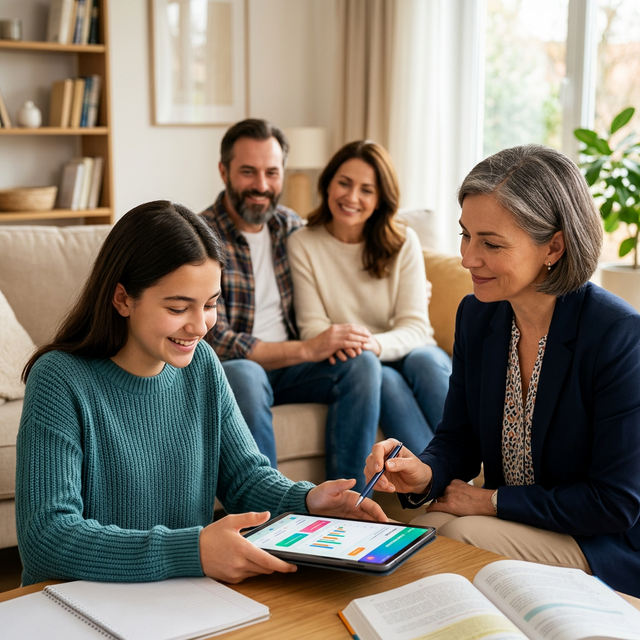 Szczęśliwa rodzina i nauczyciel
